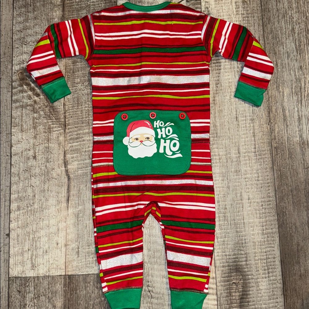 Little BLUE HOUSE Red and Green Striped Santa HoHoHo Footie-size 3-6 months